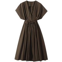 2026 new style relaxed and lazy pleated V-neck bat-sleeve slimming loose high-waisted mid-length shirt dress