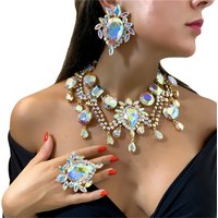 New Exaggerated Water Drop Shaped Necklace Earrings Rings Women's Geometric Crystal Necklace Party Jewelry Accessories