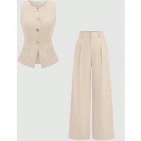 Solid Color Single-Breasted Decorative Button Vest, Pleated Wide-Leg Pants Set