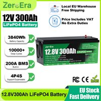 ZeroEra 12V 300Ah LiFePO4 Batterie 3840Wh Lithium-Eisenphosphat-Batterie mit eingebautem 200A BMS, 10000+ Zyklen, 4S4P erweiterbar, Grade-A-Zellen für Off-Grid-Wechselrichter, Wohnmobile, LKW,