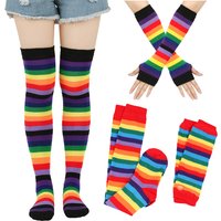 Autumn Winter Rainbow Stockings Striped Socks Gloves Over Knee Socks Arm Sleeve School JK Uniform Women Halloween Christmas Gift