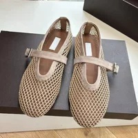 Real leather hollow mesh sandals for women's summer round toe flat bottomed shallow mouth Mary Jane single shoes
