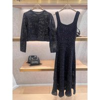 High-End Version European Fashion Heavy-Light Sequin Hollow Long Sleeve round Neck Knitted Cardigan Strap Dress Women