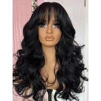 Black Long Body Wave Lace Front Wig With Bang 13x4 HD Lace Frontal Wig for Women Glueless High Quality Daily Ready To Wear