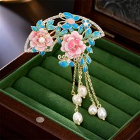 Chinese Style Vintage Enamel Peony Fan Pearl Pendant Brooches For Women Fashion Flower Pin Jewelry Party Office Suit Decor Gif
