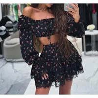 CPSYMYM Women 2025 Latest Hot Selling Style Elegant Sexy Sweet Lace Edge Printed Lantern Sleeves Skirt Set with Strapless Shirt