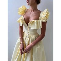 BKQU Elegant Ruffle Striped Flying Sleeve Maxi Dress Women Chic Slim Square Collar Single Breasted Female Summer Party Long Robe