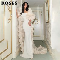 ROSES White Satin Prom Dresses Strapless Mermaid Formal Dresses with Detachable Ruched Train Evening Gown for Wedding Customized