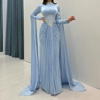 Customized A-line Evening Dresses Floor-length High-neck Full Sleeve Prom Gown Fashion Crystal Pleat Simple Draped Party Gown