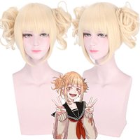Synthetic Hair Cosplay Wig Himiko Toga Cosplay Wig Short Blonde Neat Bang Wig with Two Fluffy Curly Buns
