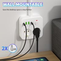 EU Plug Power Strip 2 AC 2 USB-A 2 Type-C Charging Station with Lightning Protection & Overload Safety, Wall-Mounted Outlet