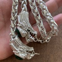 Men's White Copper Dragon Head Necklace, Thick Braided Chain with Green Stone Inlay, Hip Hop Punk Jewelry Gift