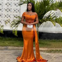 Plus Size Orange Bridesmaids Dress Women Off the Shoulder Pleated Shiny Satin Long Wedding Guest Dress Reception Gown Customized