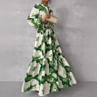 2024 Summer Elegant Women Maxi Dresses Fashion Green Print Long Sleeve V Neck Waist Adjustment Long Dress Female Party Vestido