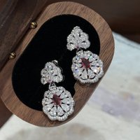 Classic high-end diamonds inlay red flower earrings for women sparkling exquisite water droplet earring jewelry gift for wedding