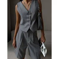 Bronladies Summer Womem Chic Vest Shorts Suit Two-Piece Set Office Ladies Chic 2 Piece Sets Womens Outfits