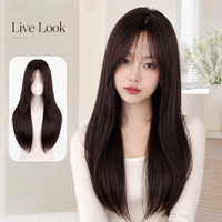 Long Straight Synthetic Wig With Bangs 28 Inch Dark Brown Natural Scalp Part Wig For Women Daily Party Cosplay