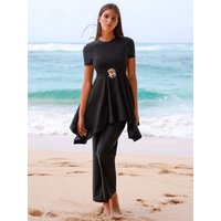2pcs Stylish burkini Elegance Modest Swimwear Ladies All Black Short Sleeved Top with Gold-tone Buckle Waist and Wide-leg Pants