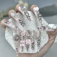 10PCS Y2K Pink Jirai Cute Long Handmade Press On Nails Shibuya Gyaru Bow Heart Cross Diamond Crown Stiletto Fake Nails Nail Art
