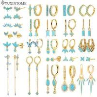 Retro 925 sterling silver ear needle blue turquoise earrings geometric pendant hoop earrings for women Fashion cute jewelry gift
