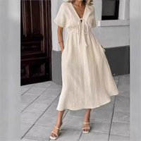 2026 Summer Women's Dress Solid Color Casual Loose Comfortable Fashion Versatile Daily Minimalist V-neck Commuter Long Vestidos