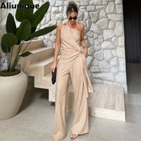 Aliunique Fashion Women Linen-cotton 2 Piece Set Solid One Shoulder Sleeveless Vest + Wide Leg Pants For Office Lady Party New