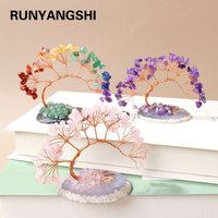 1pc Natural Crystal Lucky Tree Copper Wire Winding Amethyst Gravel With Agate Slice Base Home Decoration Money Trees