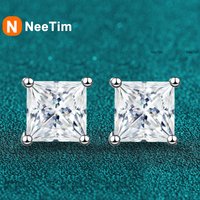 NeeTim 1ct 2ct Princess Cut Moissanite Earrings s925 Sterling Silver Plated with White Gold Plated Ear Studs for Women Jewelry