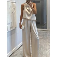 Streetwear Satin 2 Piece Sets Women Outfit Summer Clothes Women Sleeveless Halter Top Long Pant Sets Casual Tracksuits Woman Set