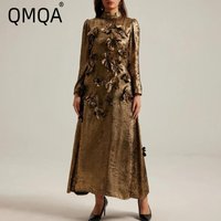 QMQA Fashion Women's Evening Long Dresses Stand Collar Long Sleeve Patchwork Appliques Dress Female Autumn Clothing Style 1A725