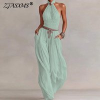 Spring Sexy Halter Pleated Jumpsuit Women Solid Smocked Waist Boho Overalls Summer Sleeveless Wide Leg Flowy Romper With Pockets