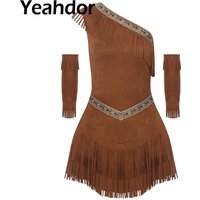 Womens Indian Native Cosplay Costume Halloween Cosplay Party Dress One Shoulder Sleeveless Fringe Dress Up with Tassel Sleeves