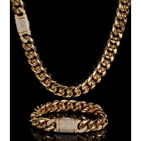 12mm Miami Mens Cuban Link Chain Necklace 316L Stainless Steel Gold Plated Necklace for Women with Full Iced Clasp