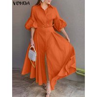 VONDA Elegant Maxi Dress Summer Women Fashion Lantern Sleeve Buttons Big Swing Party Shirt Sundress Casual Solid Patrty Sundress