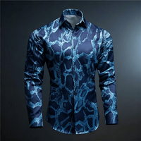Men's Blue Snake Skin Print Long Sleeve Shirt, Animal Python Pattern Casual Button Down for Spring & Summer