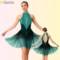 Womens Gymnastics Artistic Figure Skating Ballet Lyrical Dance Performance Costume Halter Rhinestones Gradient Sheer Mesh Dress