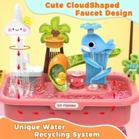 Kitchen Sets Water Table with Pump, Tableware & Fishing Game for Kids, Children's Play Sink with Running Water & Electric Faucet