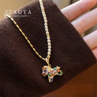Colorful Zircon Pony Pendant Necklace For Women's Pearl Metal Splicing Chain Light Luxury Jewelry Set Trendy Clavicle Accessory