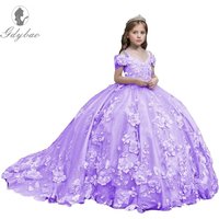 New Lavender Tulle 3D Decals Flower Girl Dresses Fluffy trailing For Wedding Birthday Banquet Prom Party Formal Attire Event