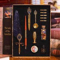 Retro Style Magic Gemstone Feather Pen Set, Vintage Dip Pen with Wax Seal Kit & Ink, Gift Box for Birthday