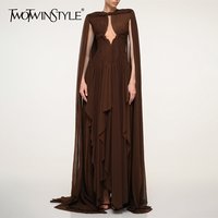 TWOTWINSTYLE Coffee Loose Spliced Folds Chic Dresses for Women O Neck Sleeveless Vintage Luxury Dress Female Summer Fashion New