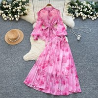 Chic Spliced lantern sleeve print vintage Casual Vacation A-line Vestidos Summer Women dresses Two Piece Set