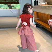 2026 New Summer Korean Kids Girls Backless Tie Up Tee Red Plaid Tail Design Wide Leg Pants Set Casual Daily Wear Outfits