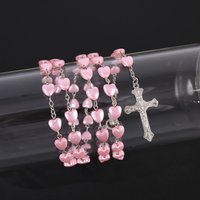 Religion Rosary Necklaces For Women Pink White Heart Beads Chain Virgin Mary Cross Pendant Men Prayer Party Jewelry Gift