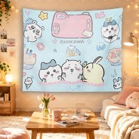 Chiikawa Camera Dessert Tapestry, Light Blue Hachiware Chii Usagi Cute Cartoon Wall Hanging Girls Bedroom Decor