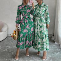 Women's Green Pink Floral Print Shirt Dress Long Sleeve Button Down Belted Ruffle Hem Midi Dress Casual Workwear Party Dress