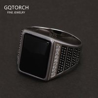 925 Sterling Silver Black Onyx Stone Signet Ring for Men Square Shaped Inlaid White Zircon Turkish Rings Retro Fashion Jewelry