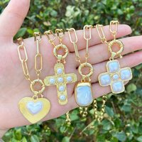 Acrylic Imitation Pearl Cross Heart Pendant Charm Necklace 18K Gold Plated Brass Paperclip Link Chain Women Gift 50cm(19.7")long