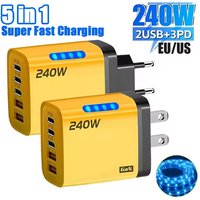 240W 5 Ports USB C PD Wall Charger Type C QC 3.0 USB Phone Chargers Fast Charging Adapter For iPhone 16 15 Samsung Xiaomi Huawei