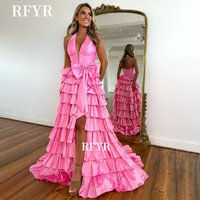 RFYR A Line Prom Dress Halter Party Dress Multilayers High Slit Evening Dress Satin Gala Gowns for Arabic Women Customized